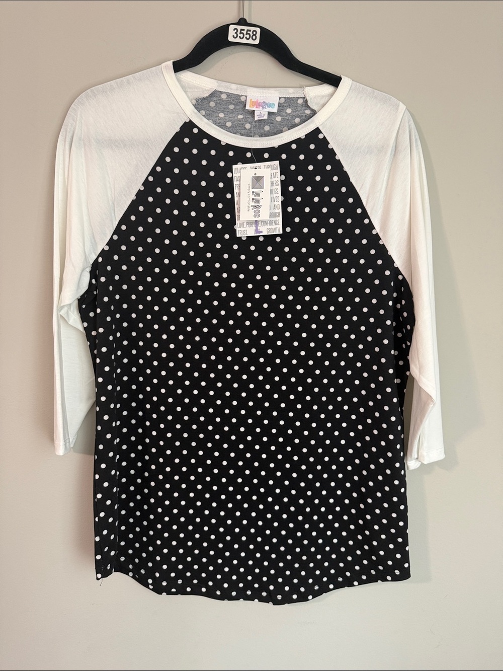 LuLaRoe Black and White Polka Dot Raglan Long Sleeve Tee